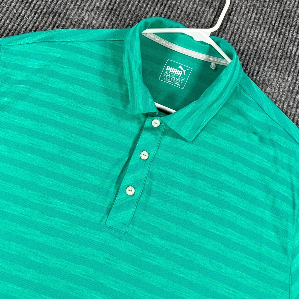 PUMA Polo Shirt Mens 2XL XXL Green Striped Short Sleeve Casual Golf Outdoor